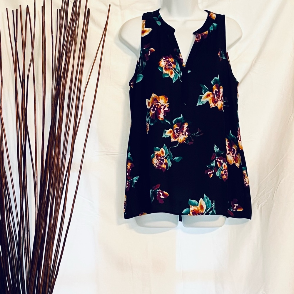 Versatile, black, sheer, floral, Alice Blue Henry sleeveless blouse in medium.